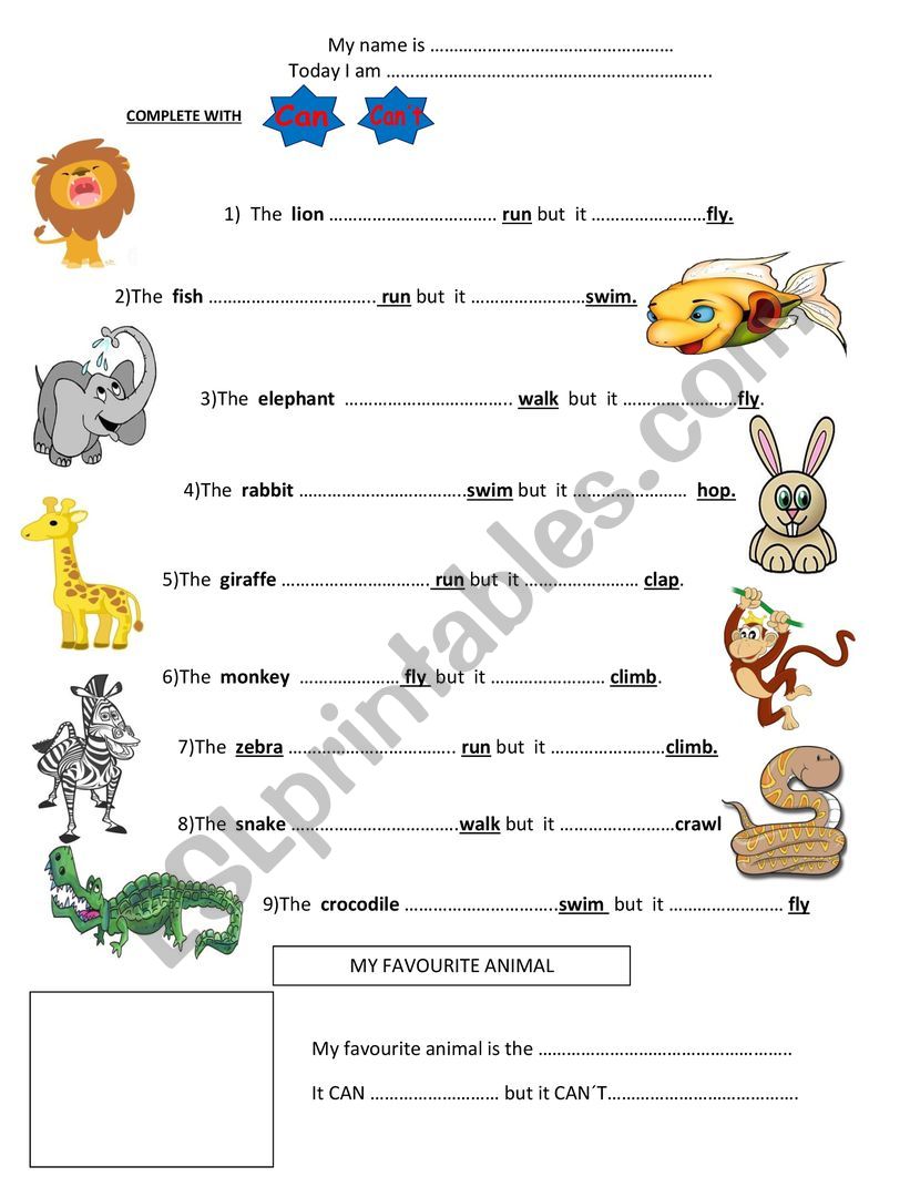 Animals CAN and CANÂ´T worksheet