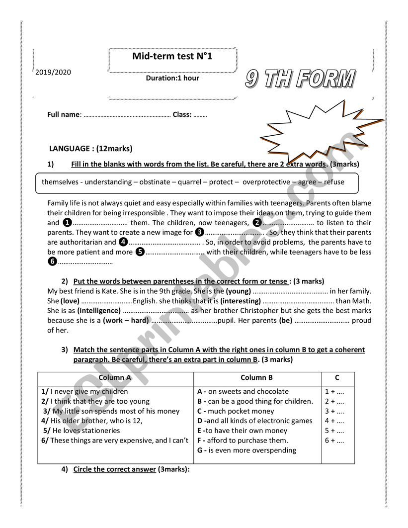 mid term test 1 worksheet