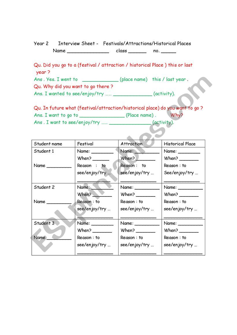 Festival and Attractions interview sheet