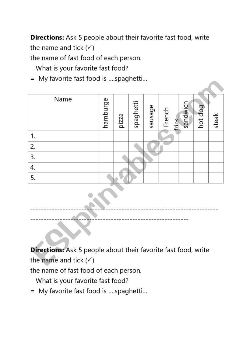 fast food worksheet