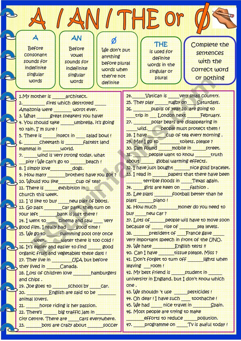 A , an the : new practice worksheet