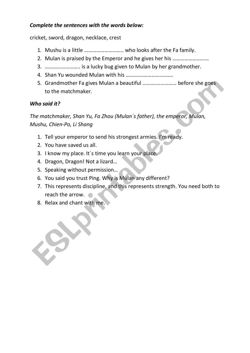 Mulan worksheet