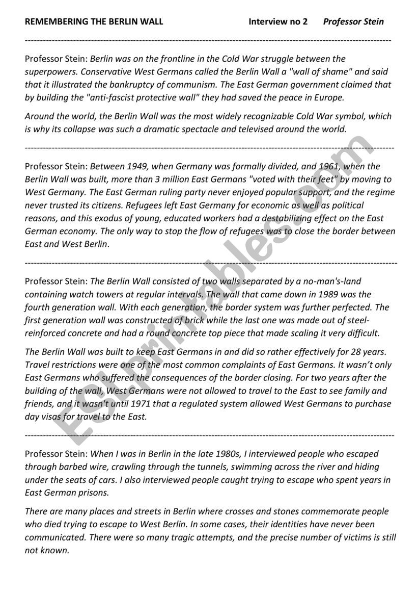 Remembering the Berlin Wall worksheet
