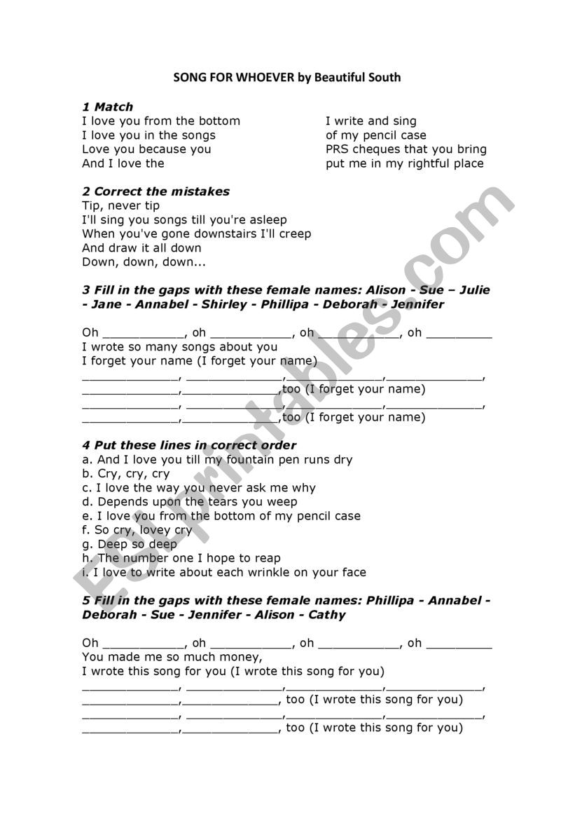 song for whoever worksheet