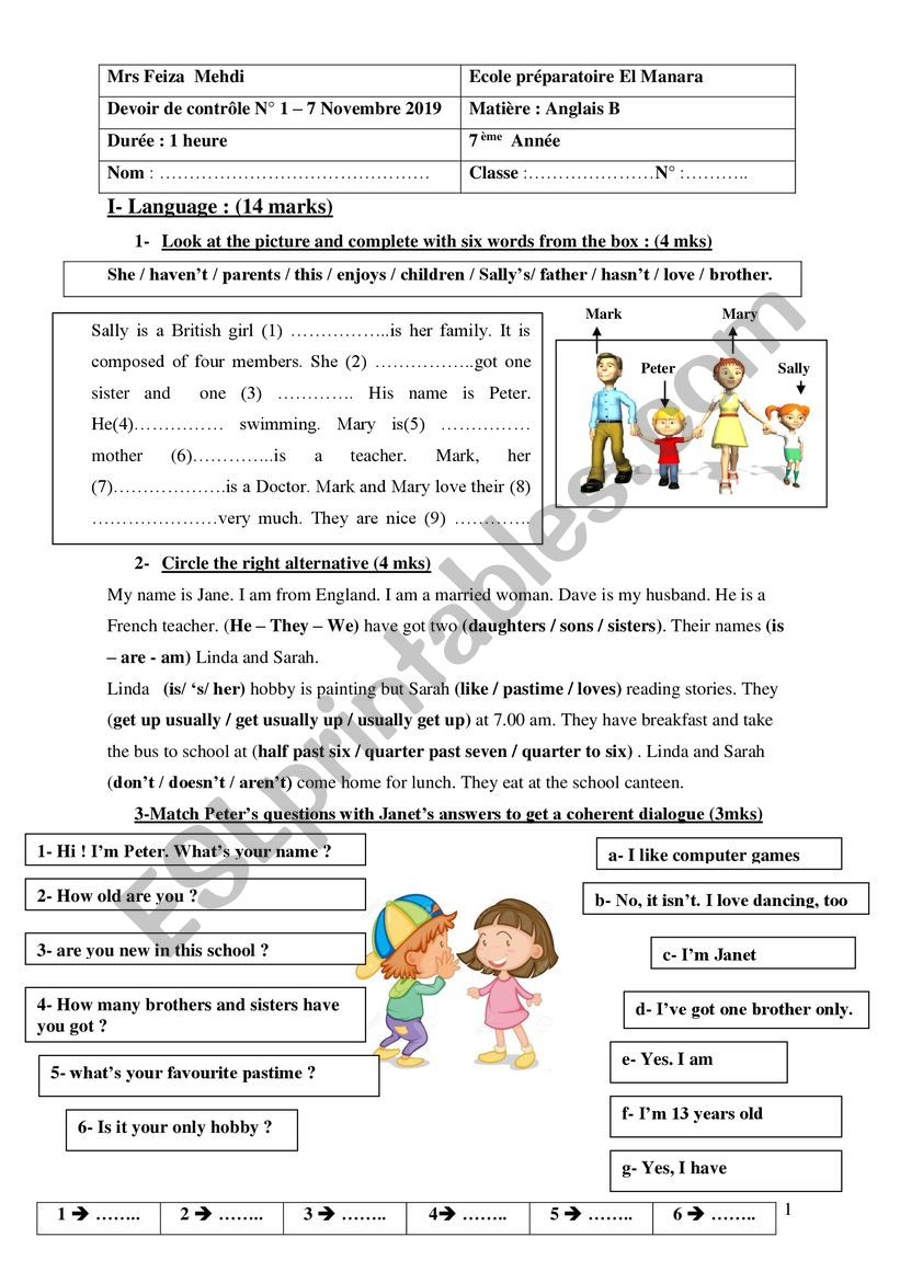 7th Mid term test1 worksheet