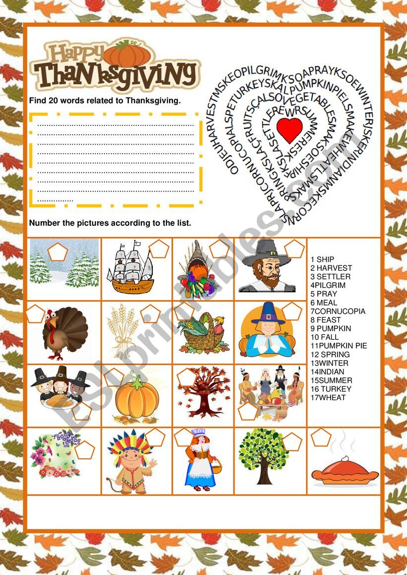 Thanksgiving  - Wordsearch worksheet