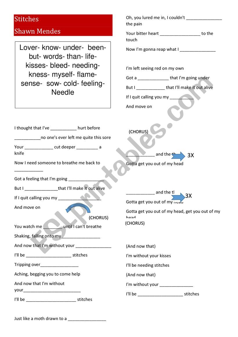 song stiches  worksheet