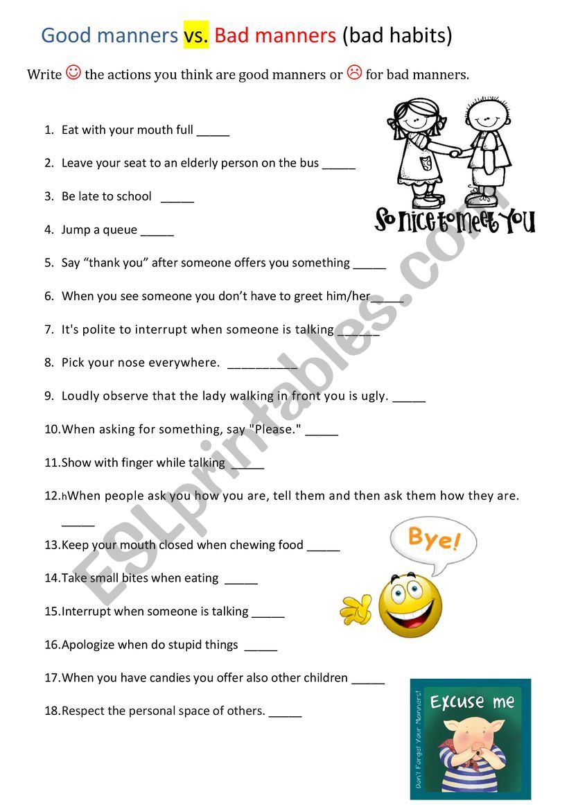 Good manners vs. Bad manners  worksheet