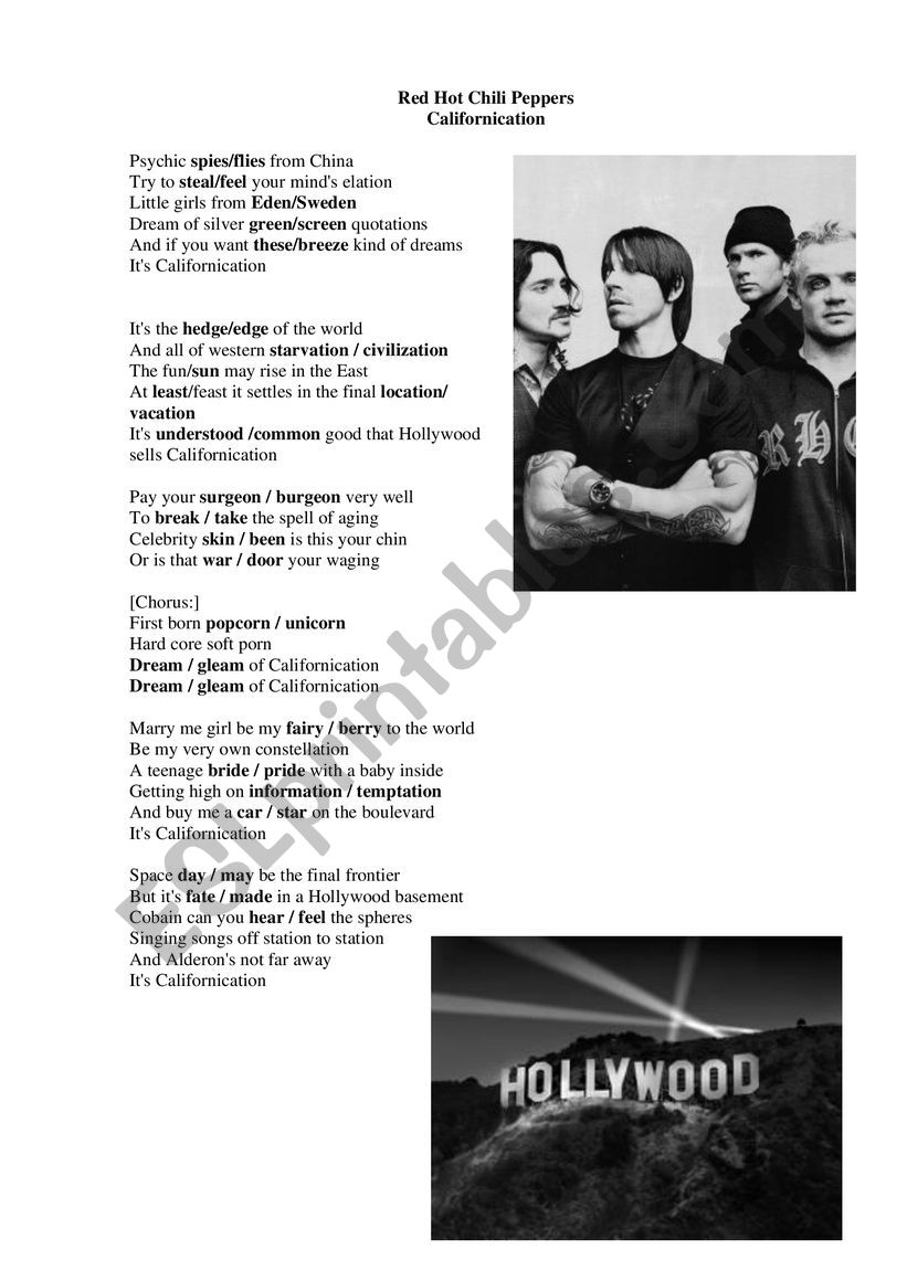 RHCP Californication song worksheet