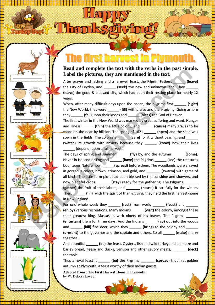 Happy Thanksgiving - Past Simple - The first harvest in Plymouth + KEY 
