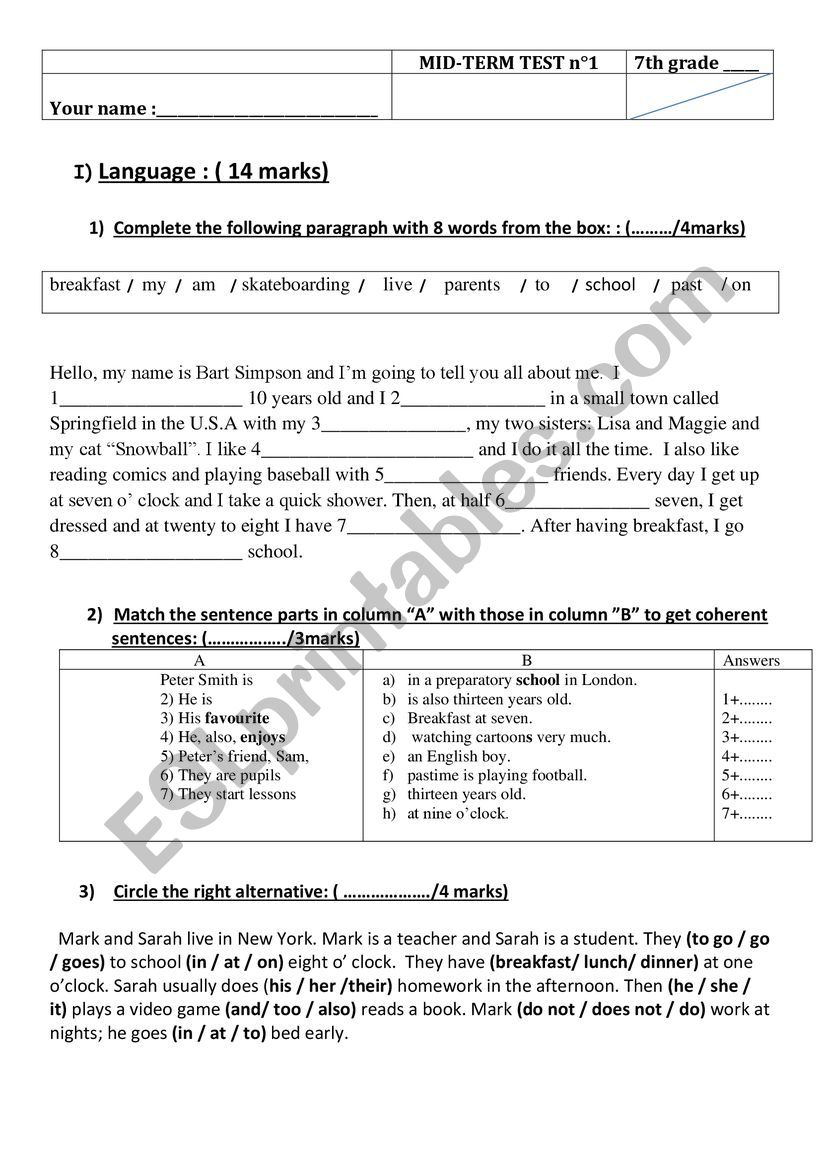 Mid-term test n1, 7th grade worksheet