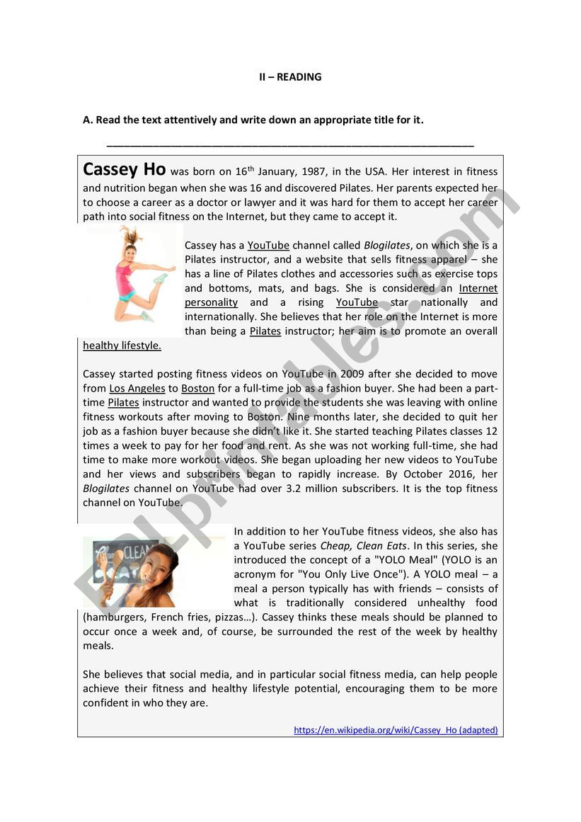 Internet Fitness worksheet