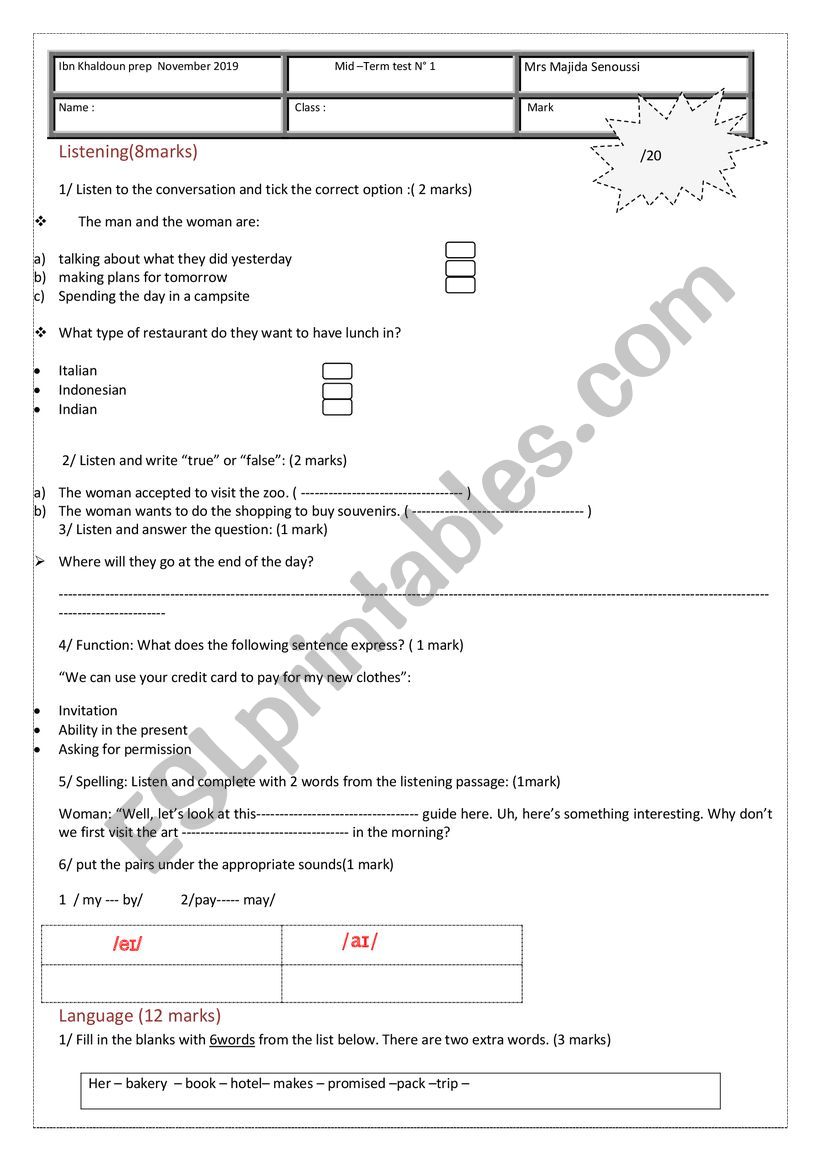 8th form test 1 november2019 worksheet