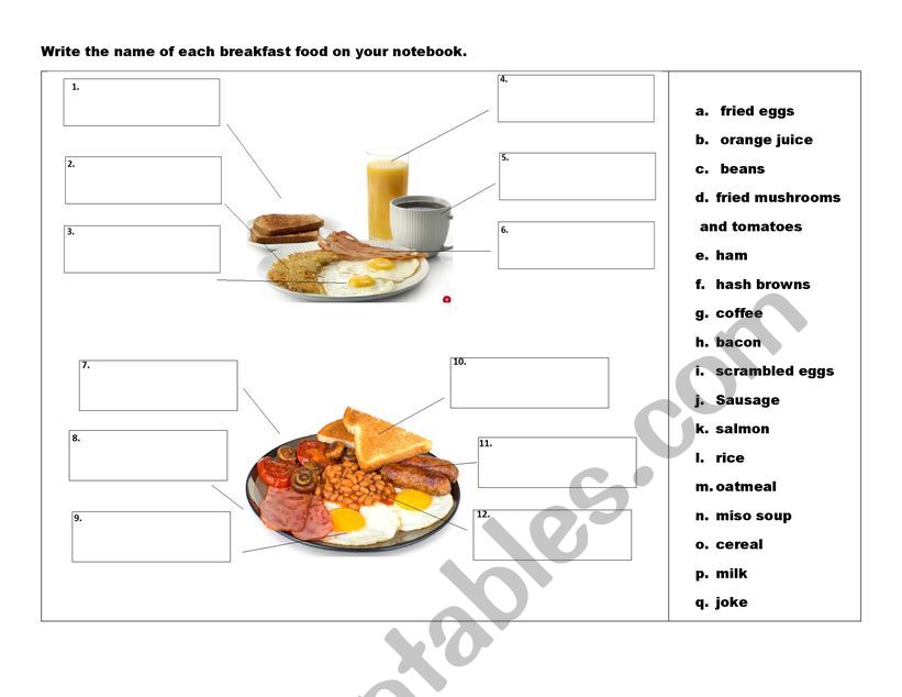 Breakfast Food Worksheet worksheet
