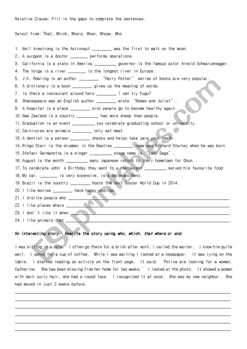 Relative Clauses worksheet worksheet
