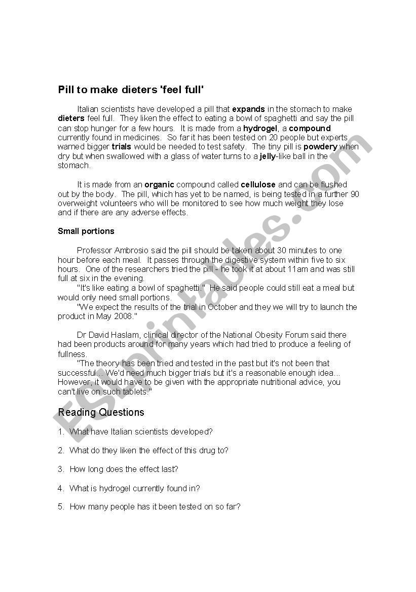 Hydroball Diet Article worksheet