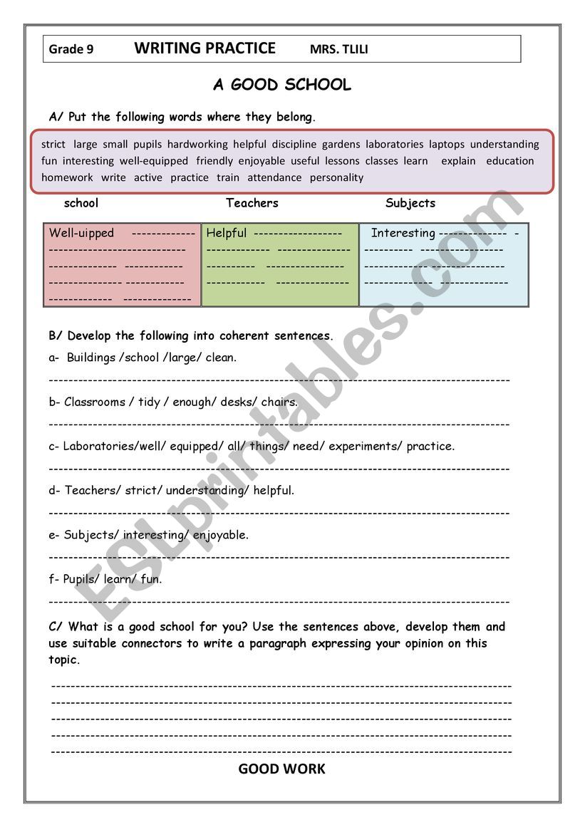 writing practice: A good school