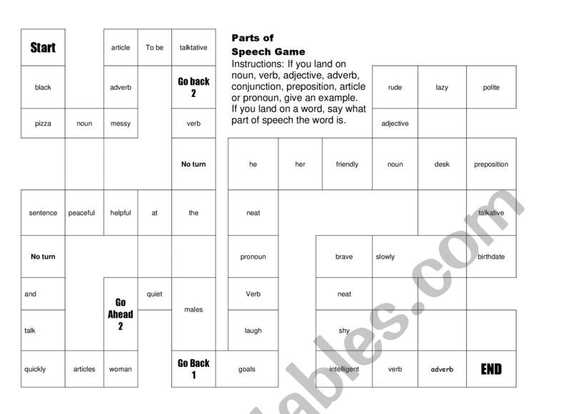 Parts of Speech Board Game worksheet