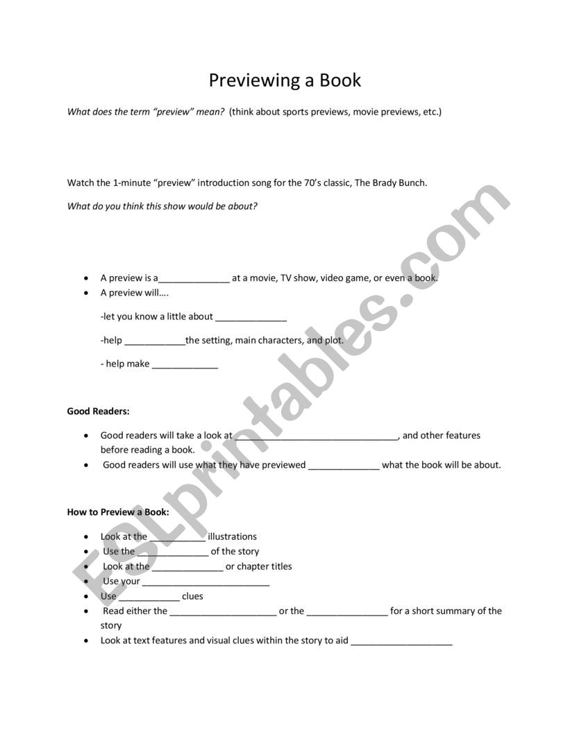 Previewing a Book  worksheet