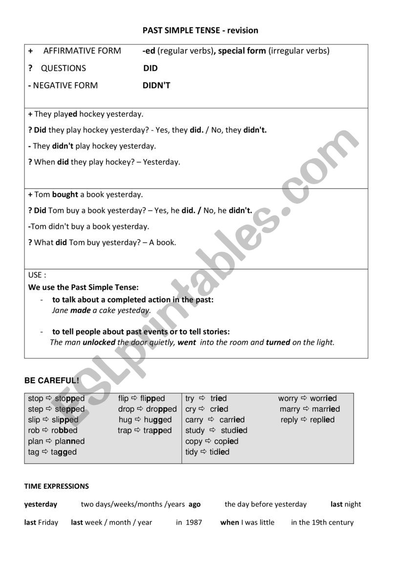 PAST SIMPLE TENSE - form, use worksheet