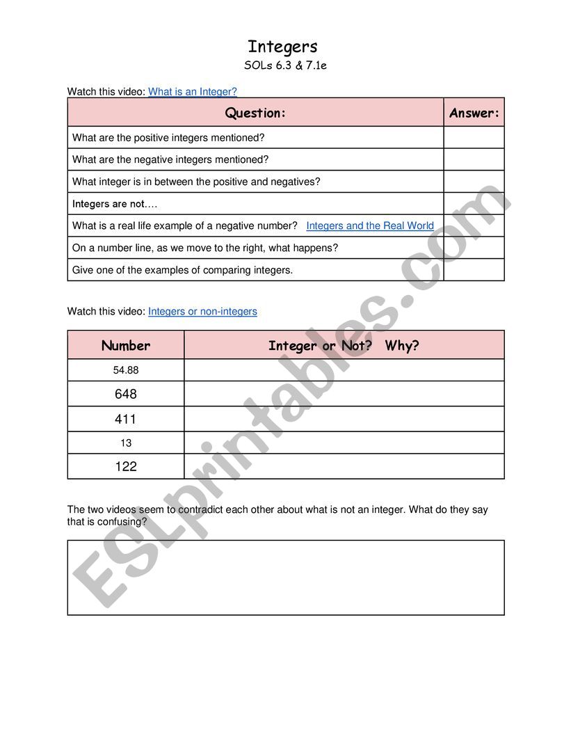 Integer Lesson worksheet