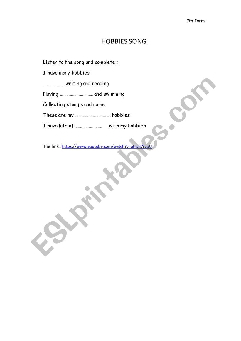 My hobbies song worksheet