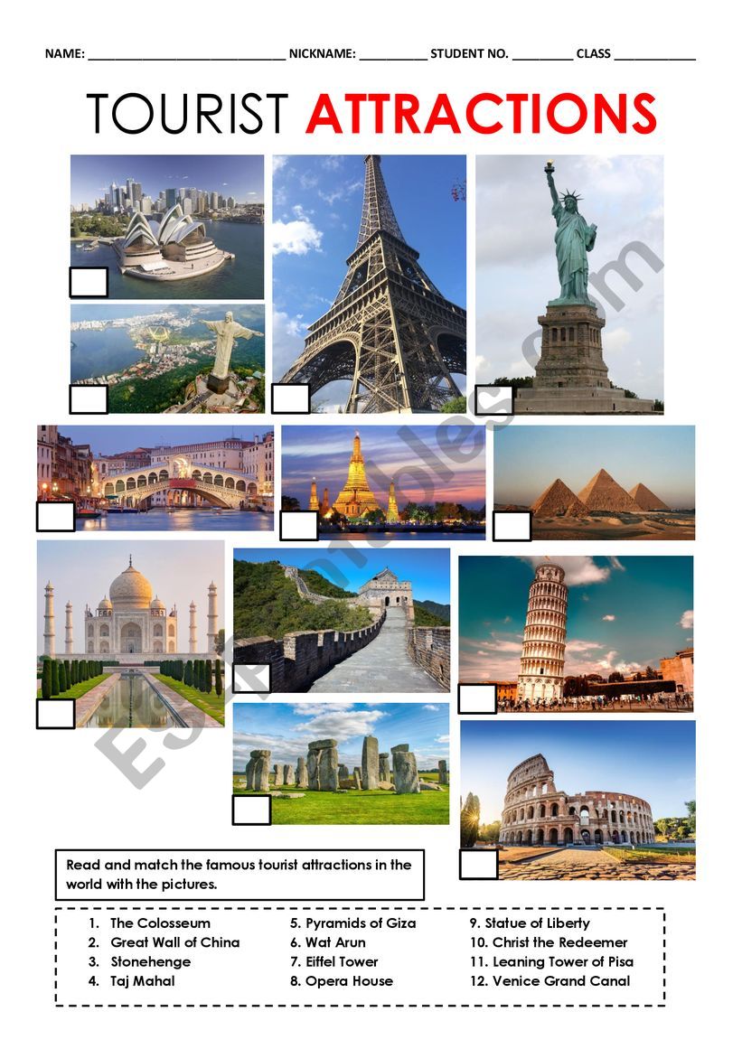 Tourist Attractions Esl Worksheet By Gwapsehms