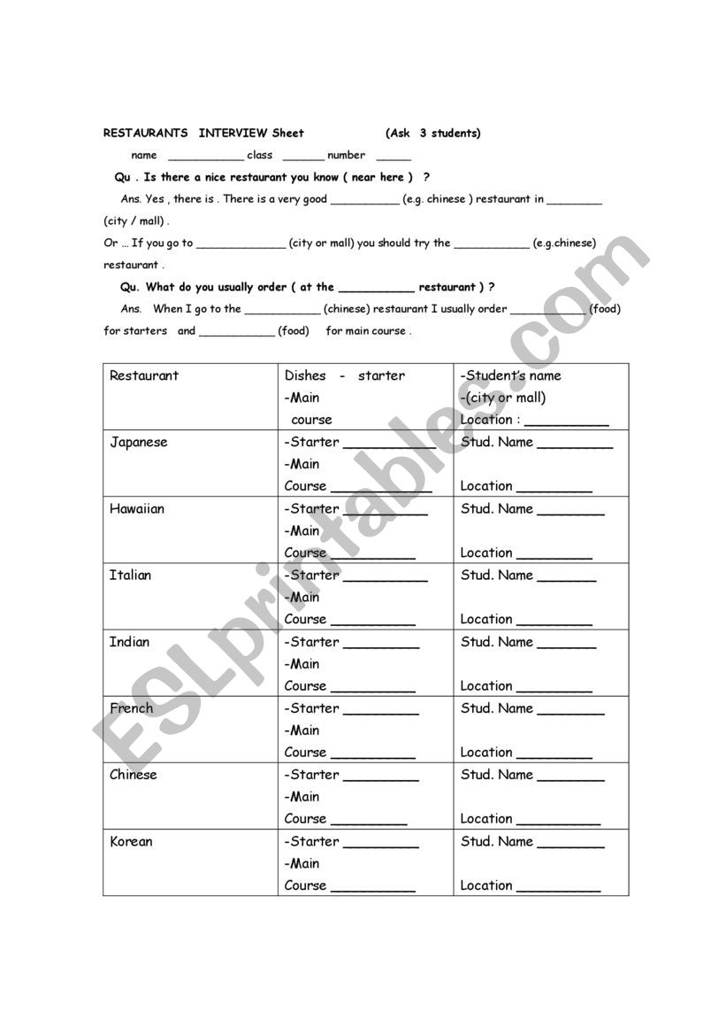 Restaurants interview sheet worksheet