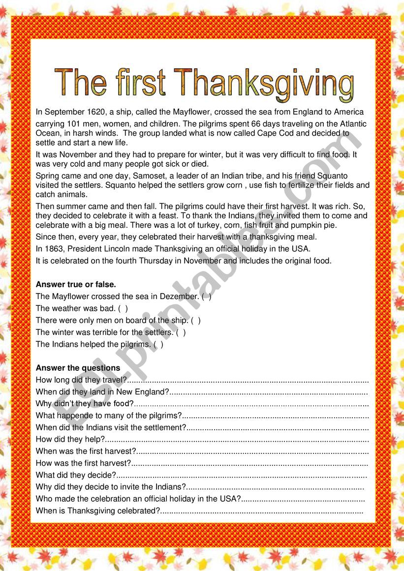 The first Thanksgiving worksheet