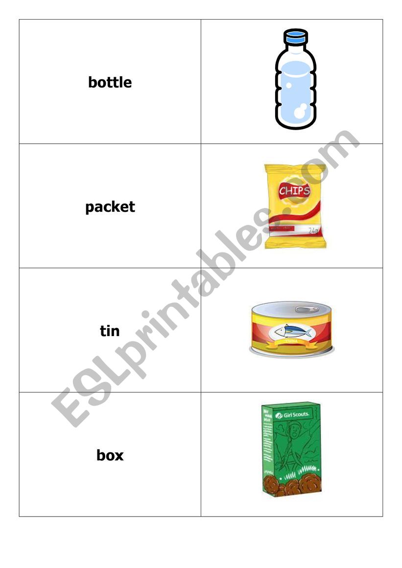 containers flashcards worksheet