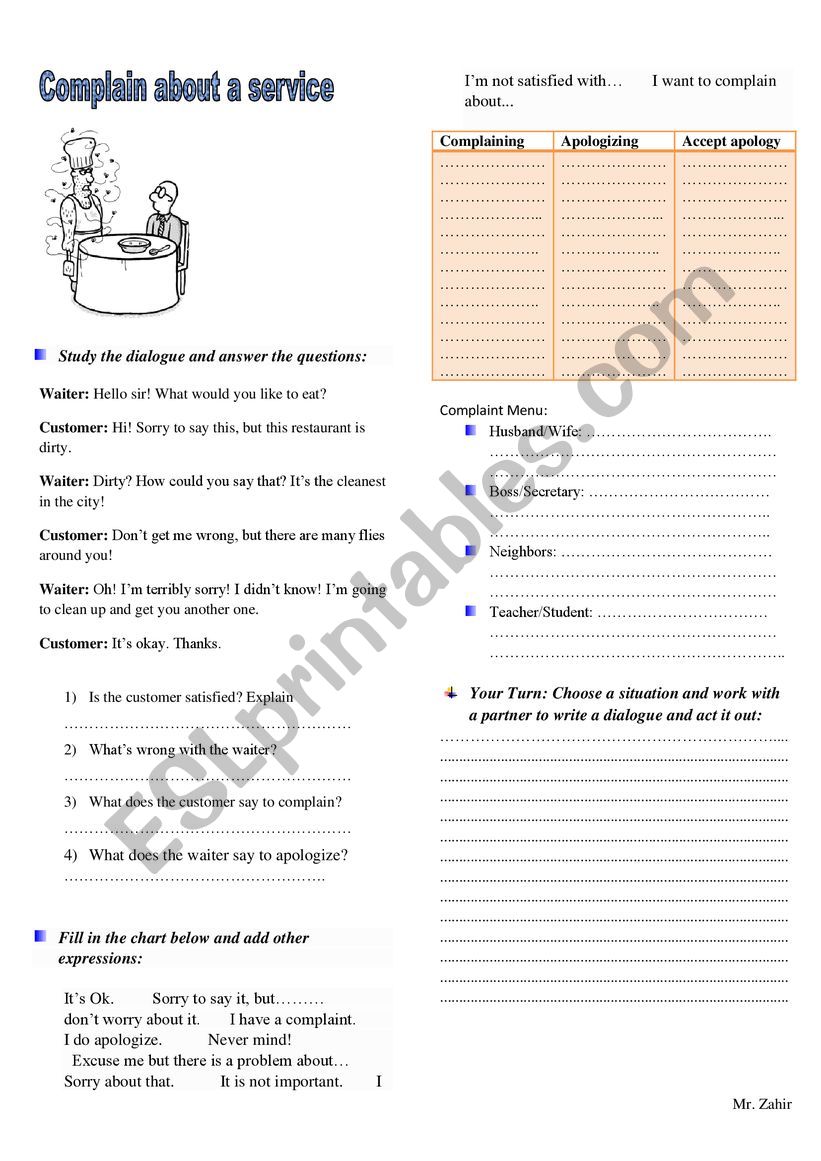 Complaining apologizing worksheet