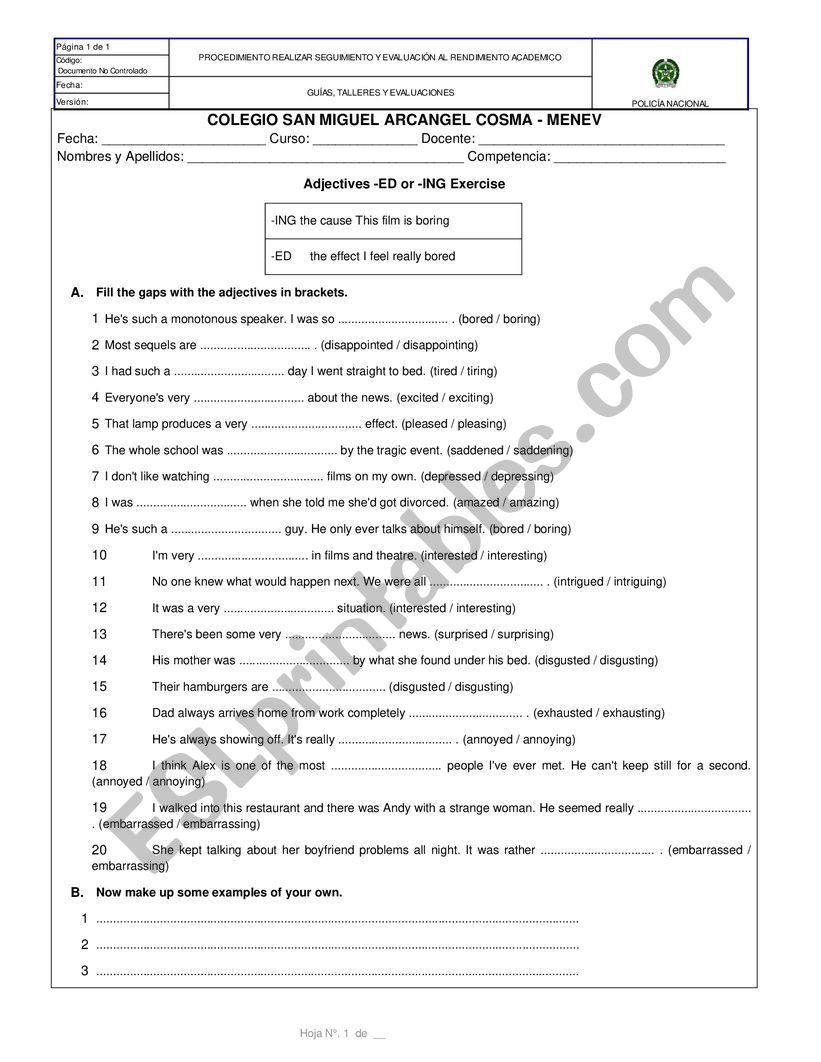 Adjectives -ed -ing worksheet