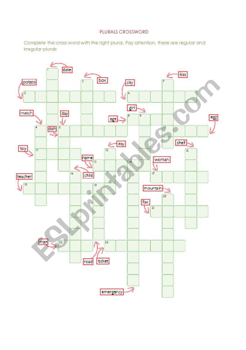 plurals crossword worksheet