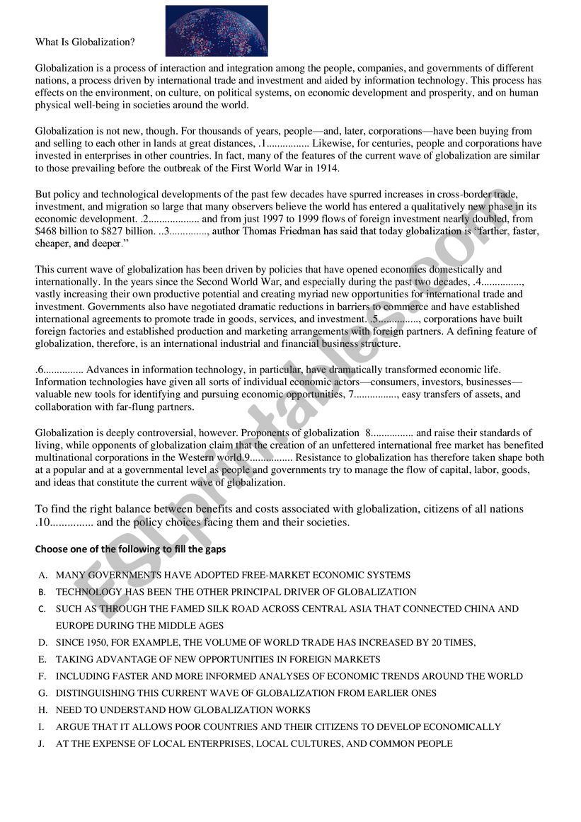 defining globalization worksheet