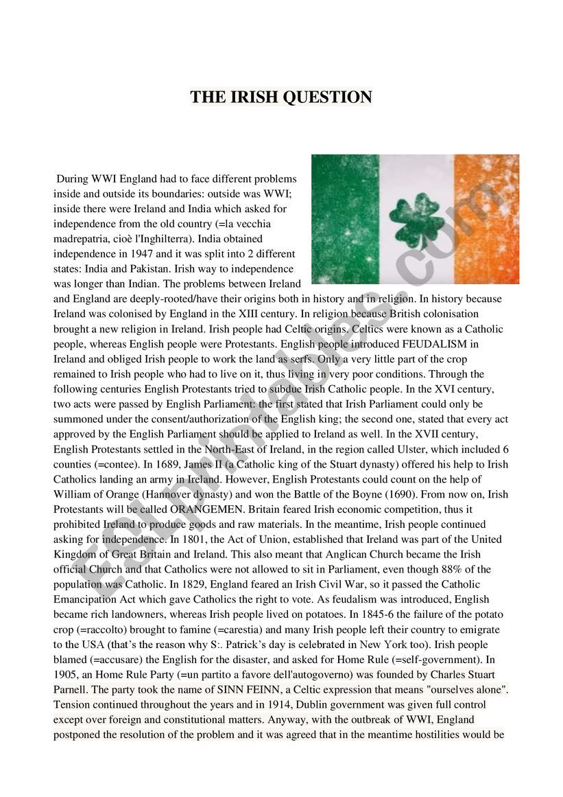 THE IRISH QUESTION worksheet