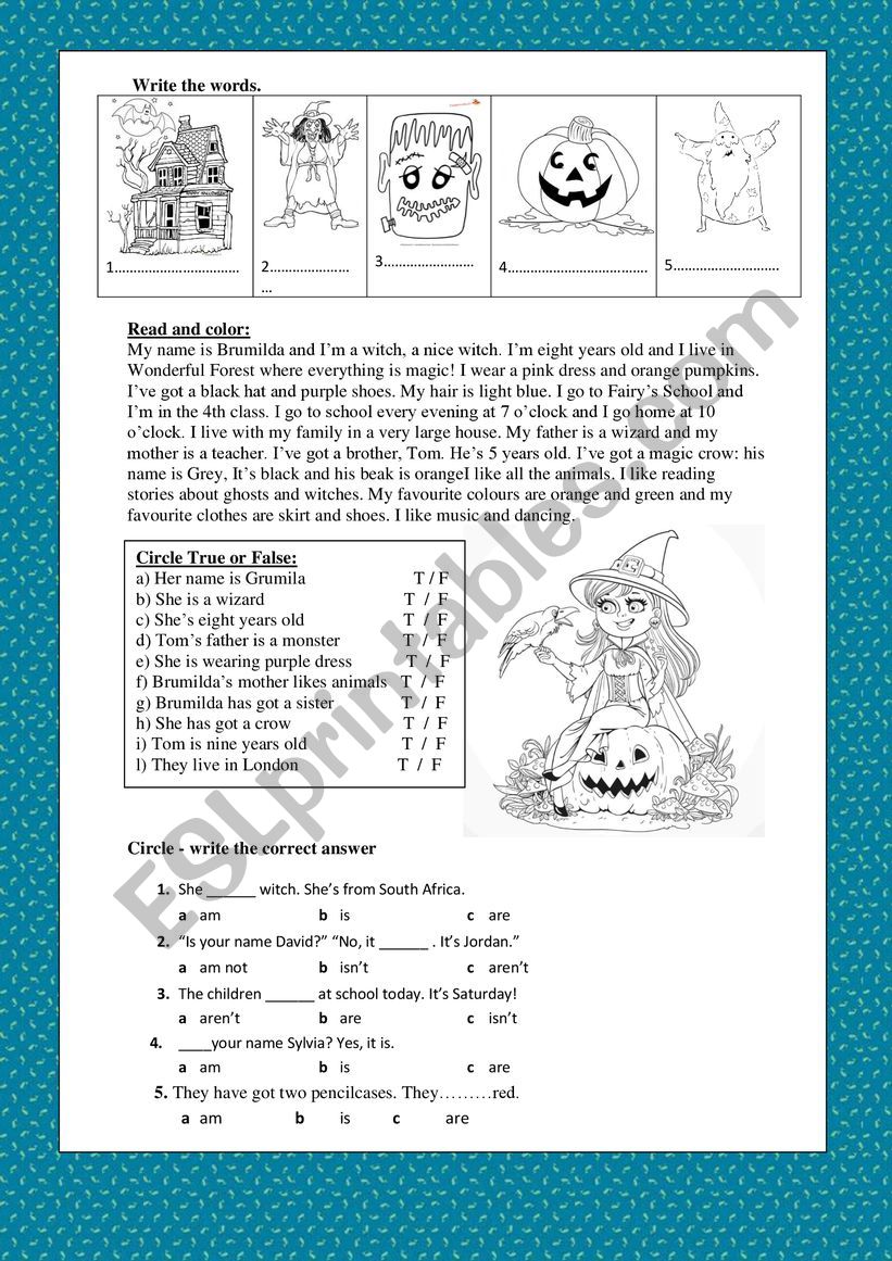 Brumilda the witch, Halloween worksheet