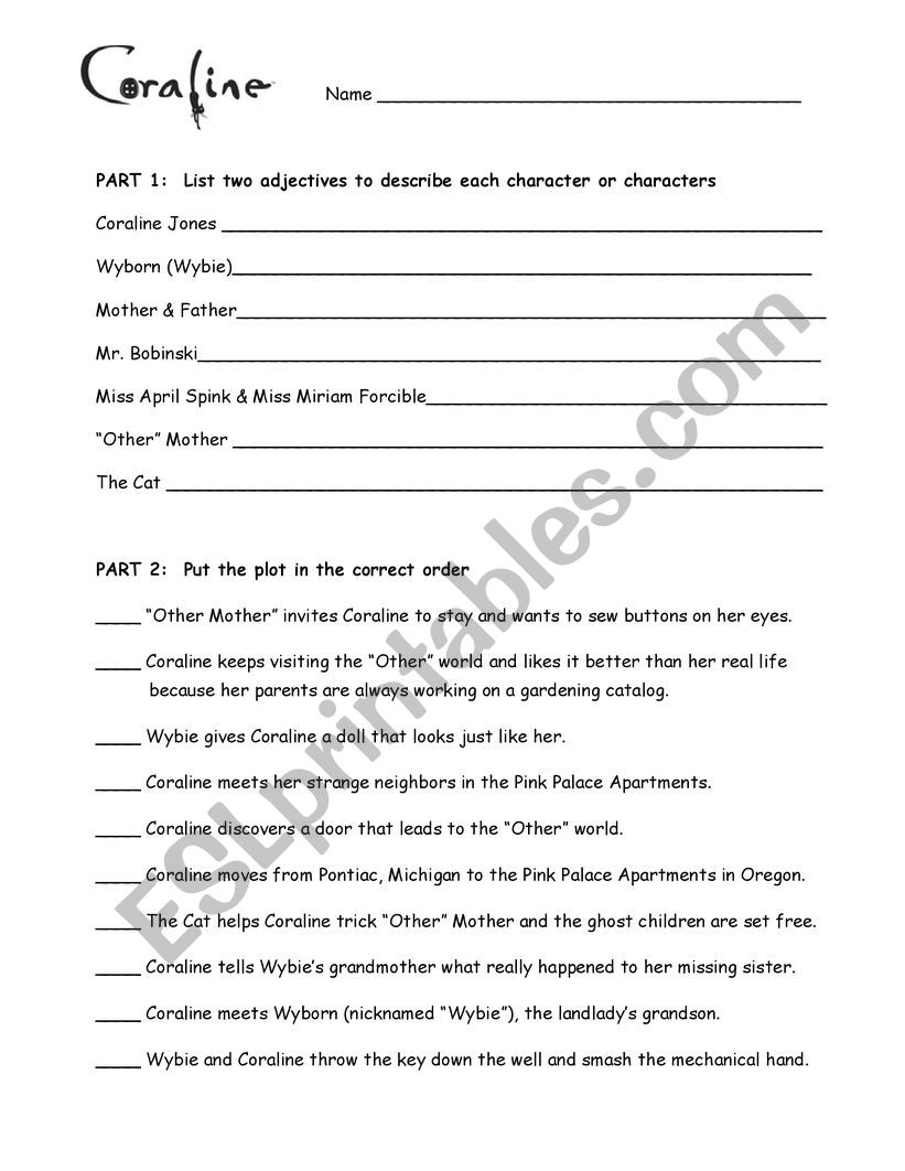 Coraline Movie Activities worksheet