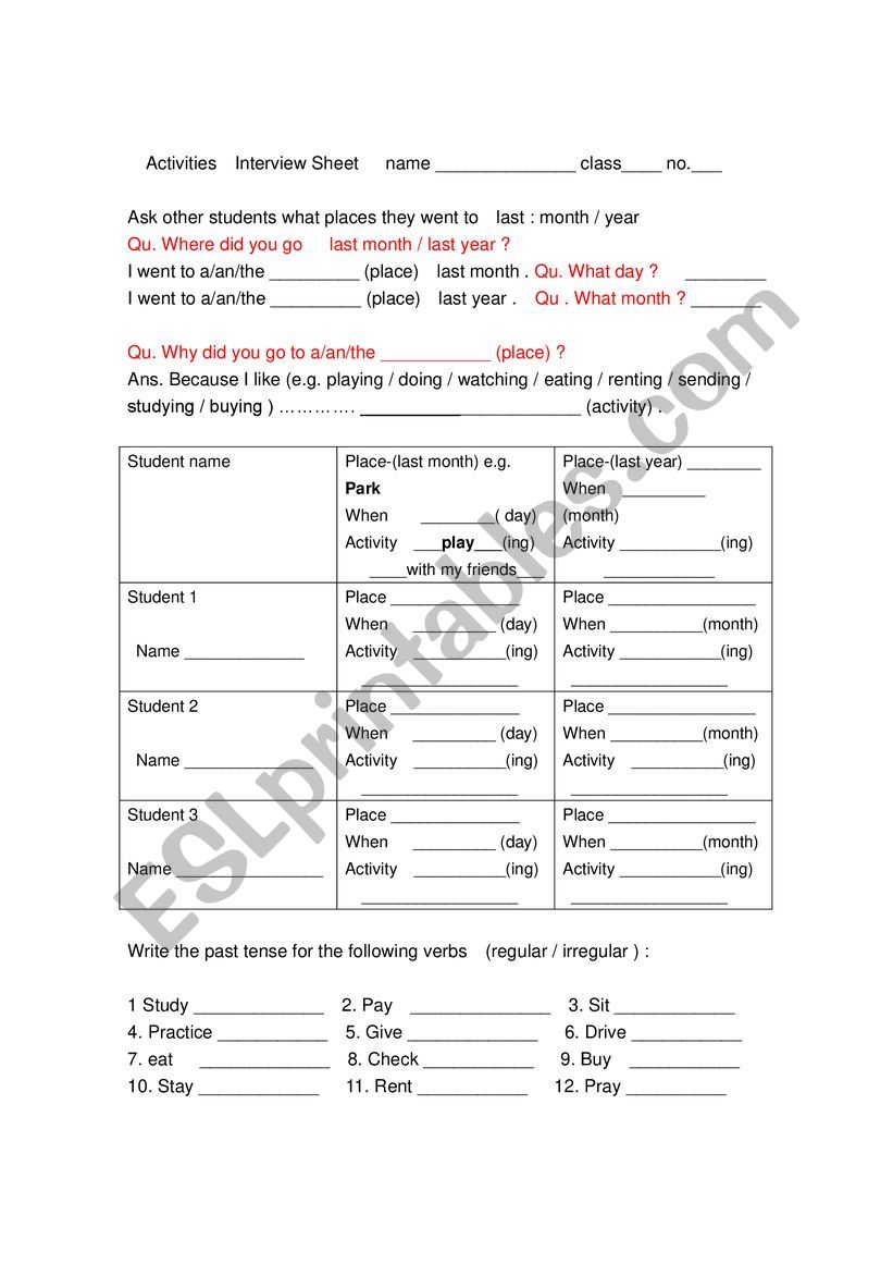 Activties interview sheet worksheet