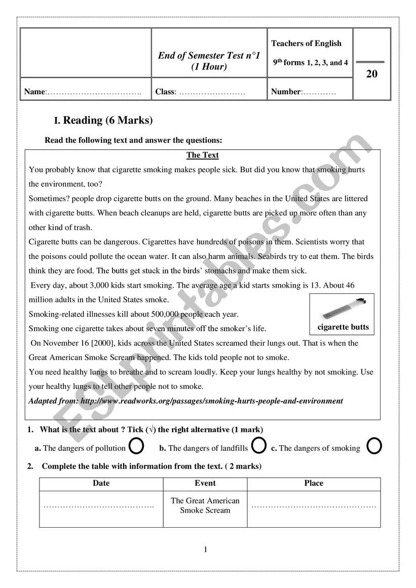 9th grade end of term test 1 (part 1: reading)