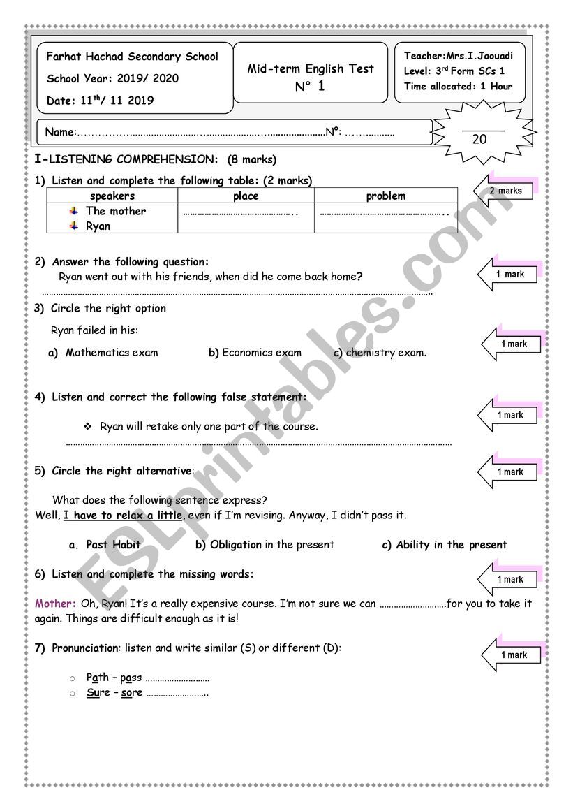 Mid-Term !test 1 worksheet