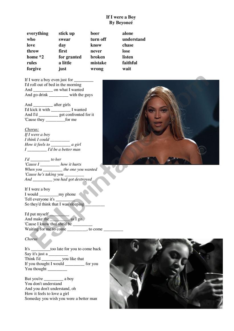 Song worksheet -If I were a boy by Beonce 