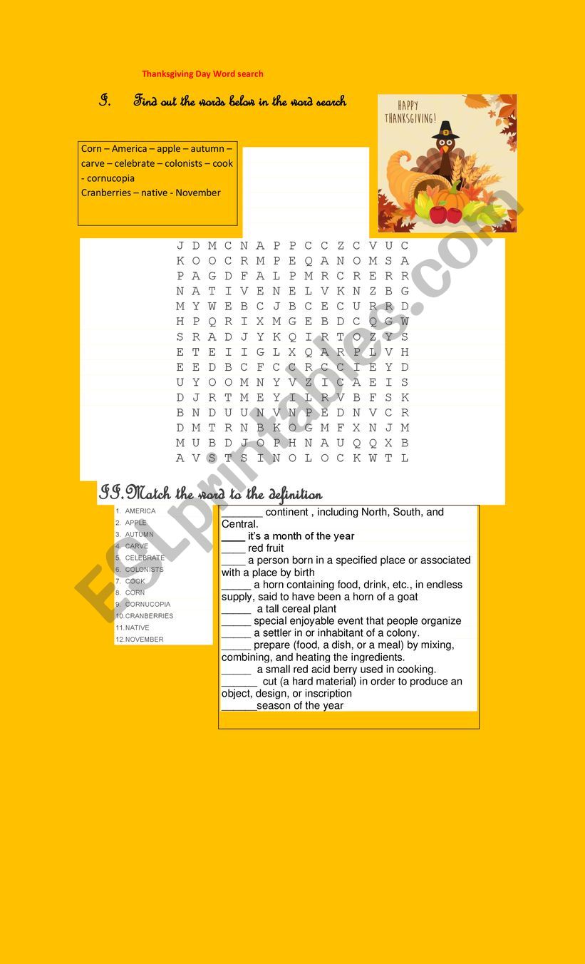 Thanksgiving wordsearch worksheet