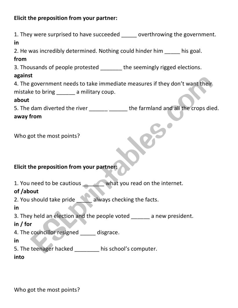 Advanced Prepositions Game worksheet