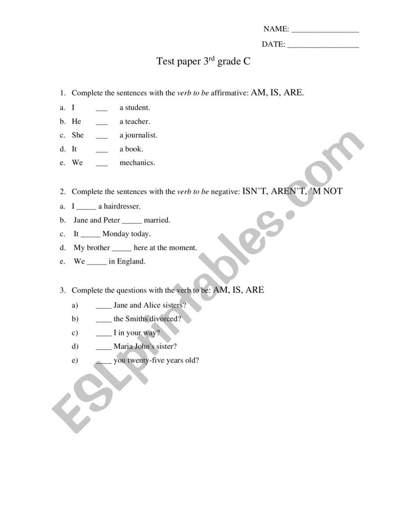 To be tests worksheet