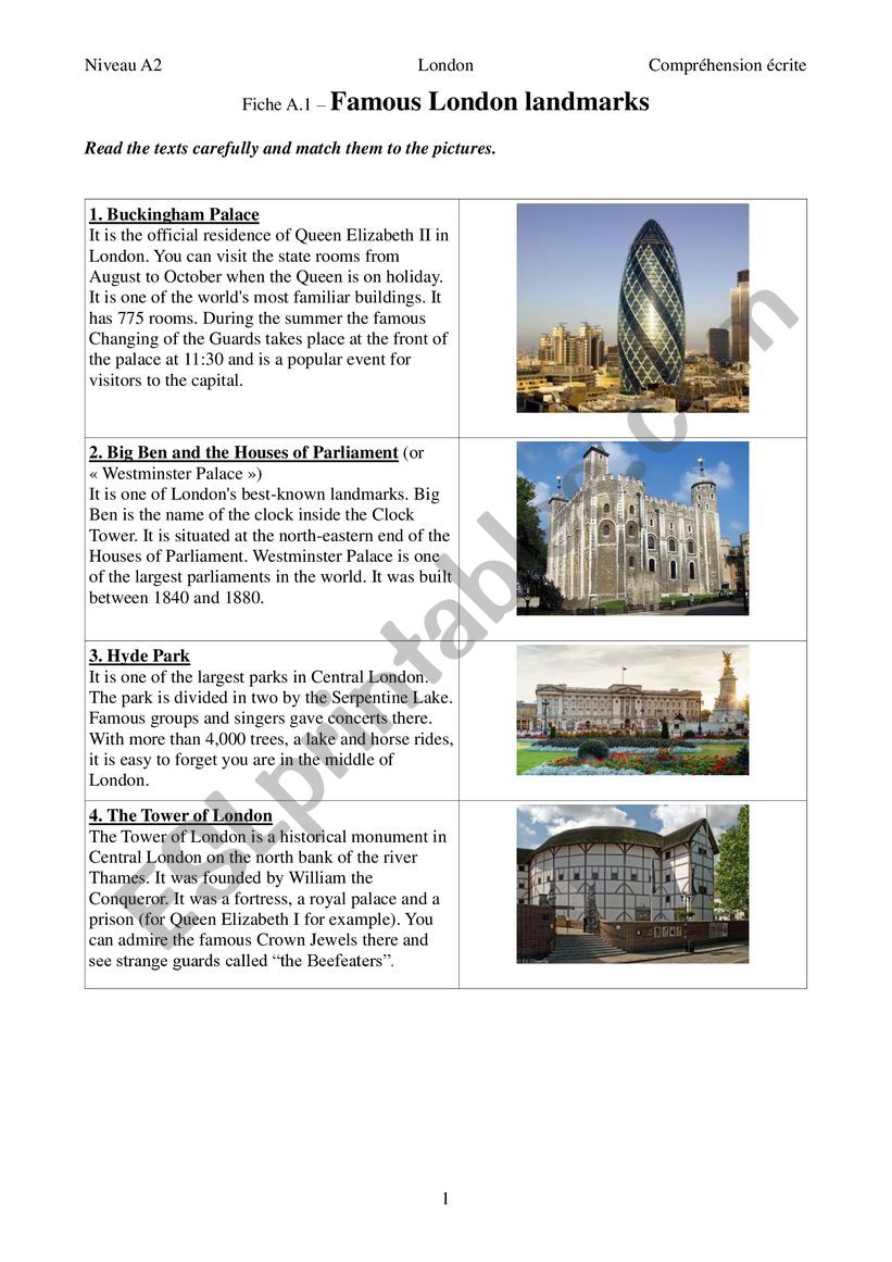Famous London Landmarks worksheet
