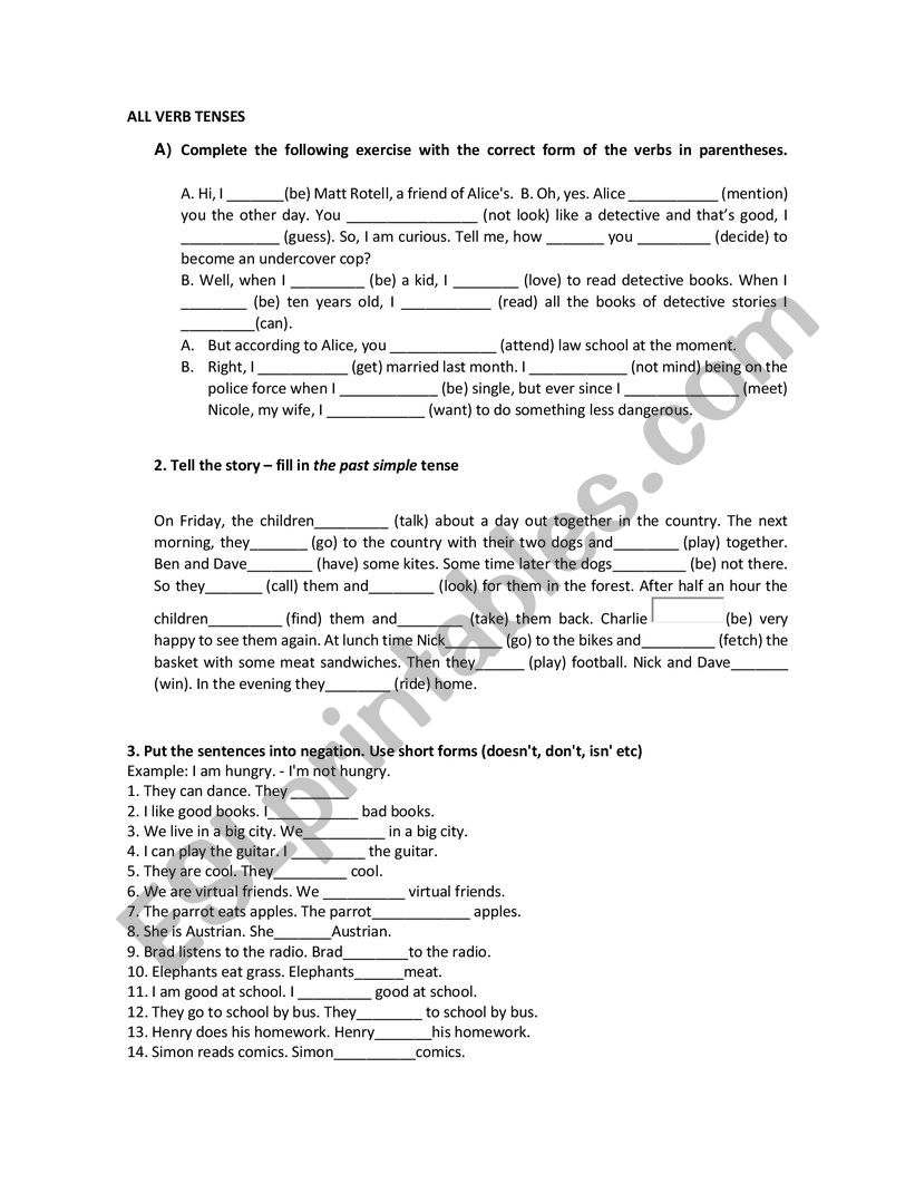 ALL VERB FORMS worksheet