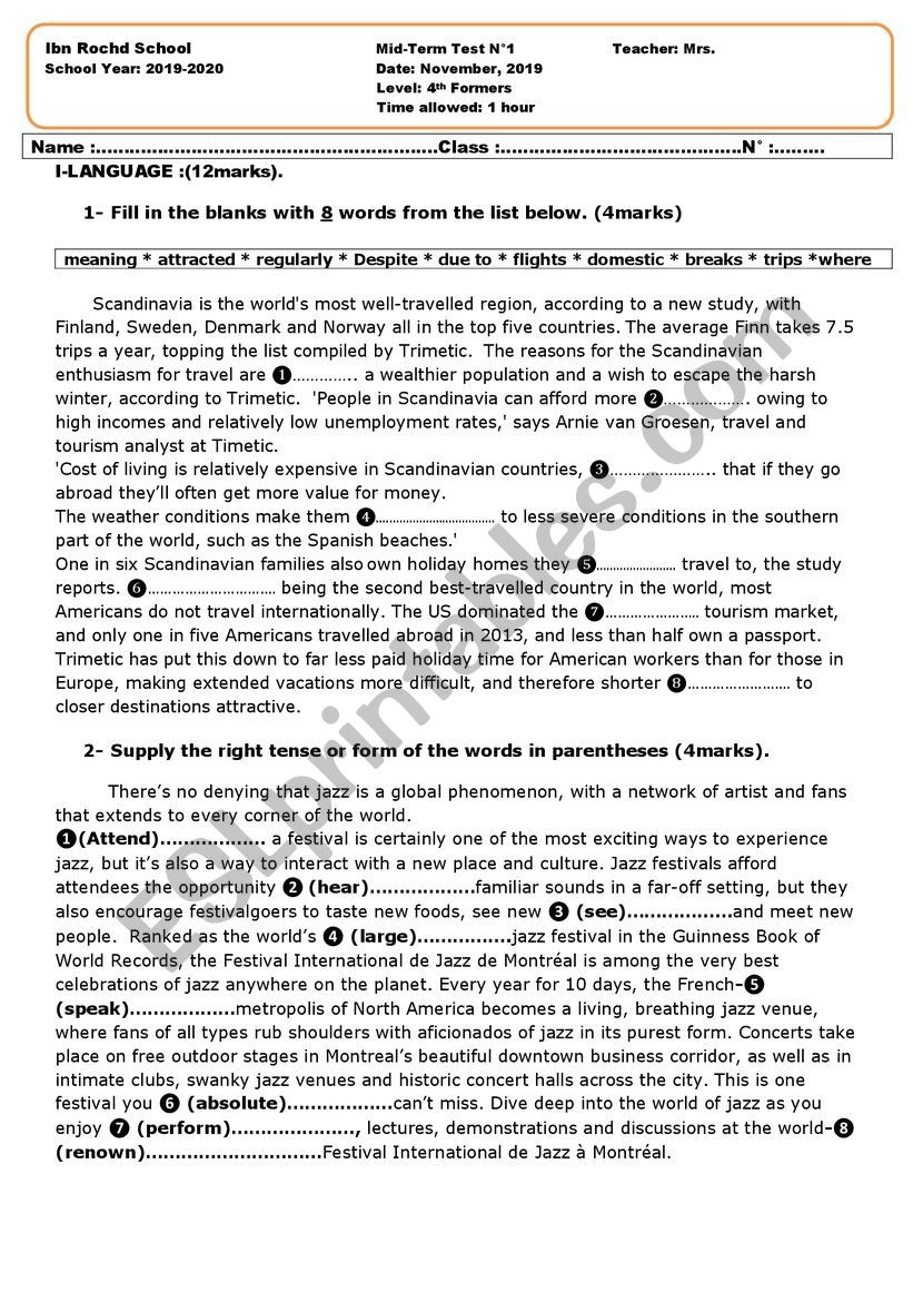 Mid-term test N1 4th form worksheet