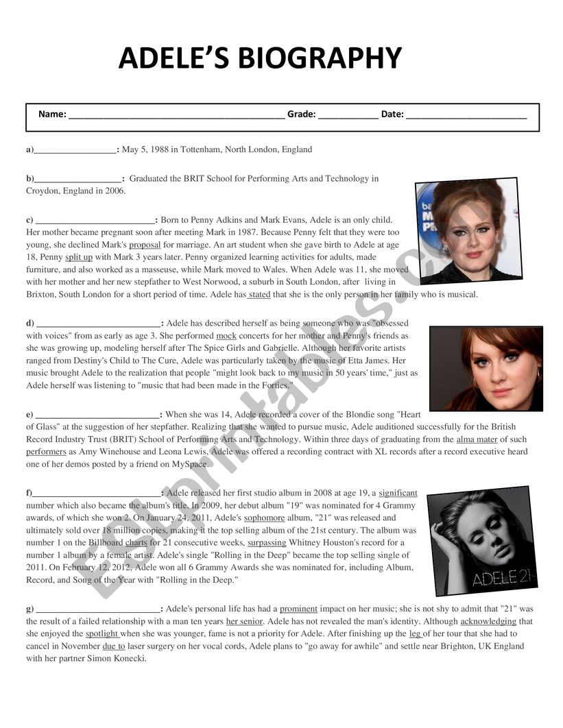 adeles biography worksheet