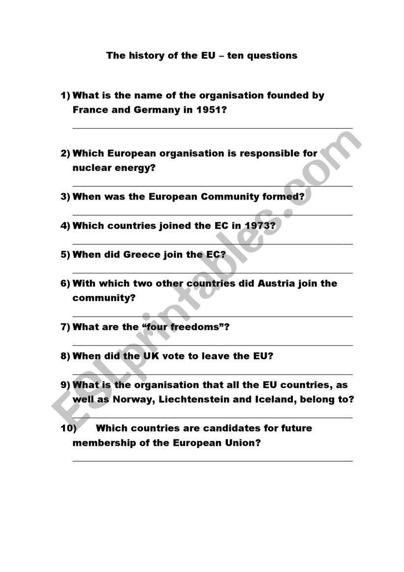 History of the EU worksheet