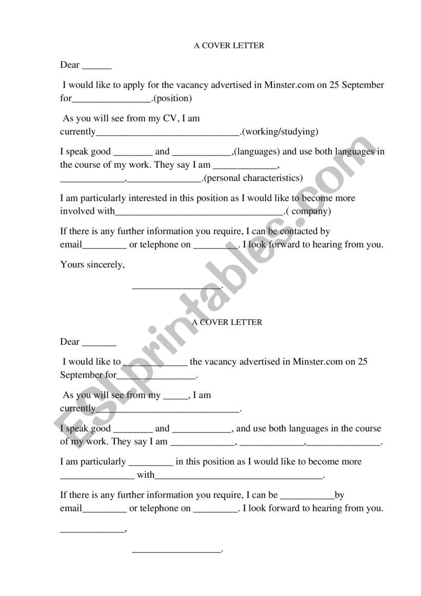 Cover Letter fill in exercise worksheet